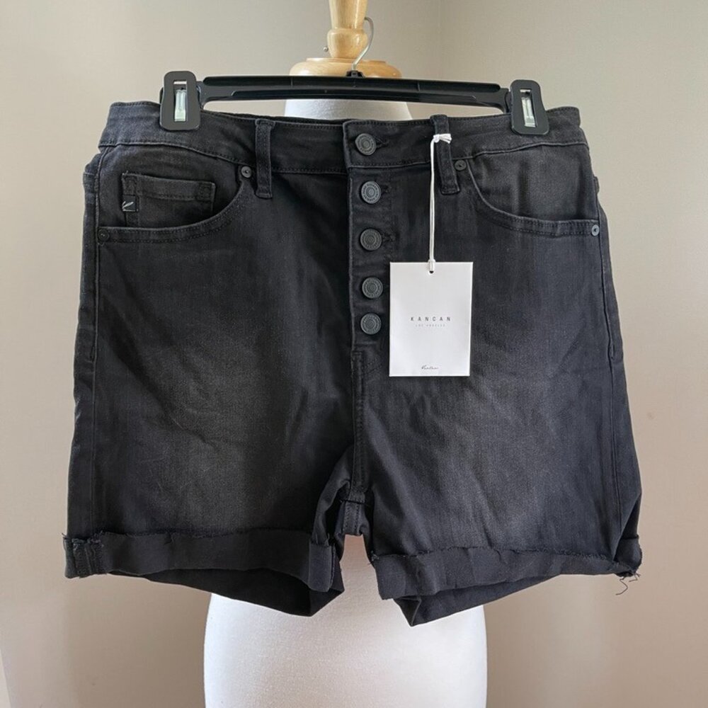 NWT Kancan High Rise Black Denim Button Front Shorts Sz L